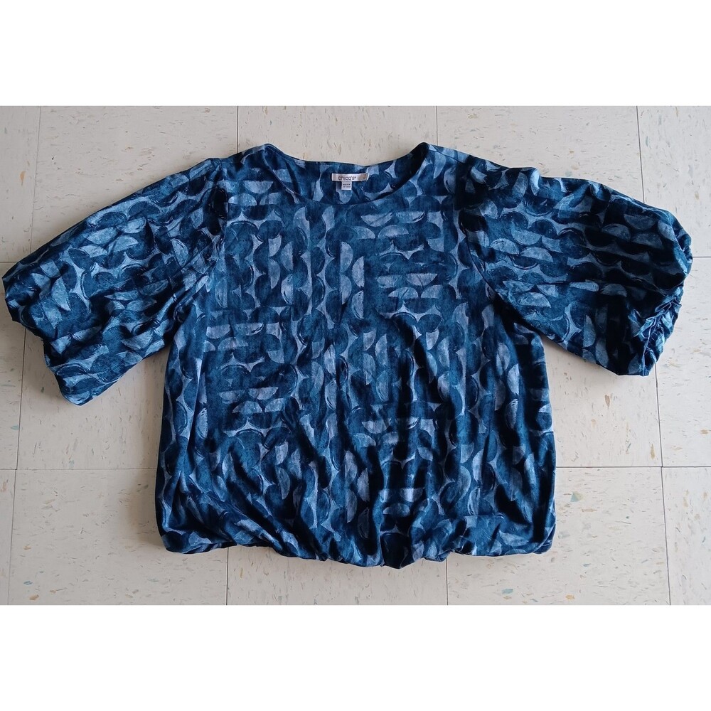 Chico's Blue Puff Sleeve Top Crew Neck Geo Print Bubble Hem Boho 3XL